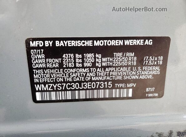 WMZYS7C30J3E07315 2018 MINI COOPER Silver VIN კოდის სტიკერის ხედი