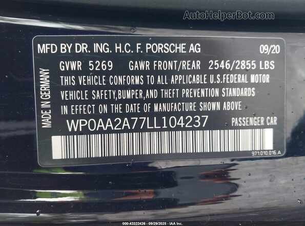 WP0AA2A77LL104237 2020 PORSCHE PANAMERA Черный Вид подкапотного пространства