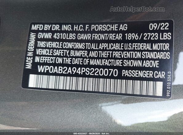 WP0AB2A94PS220070 2023 PORSCHE 911 Gray Engine compartment view