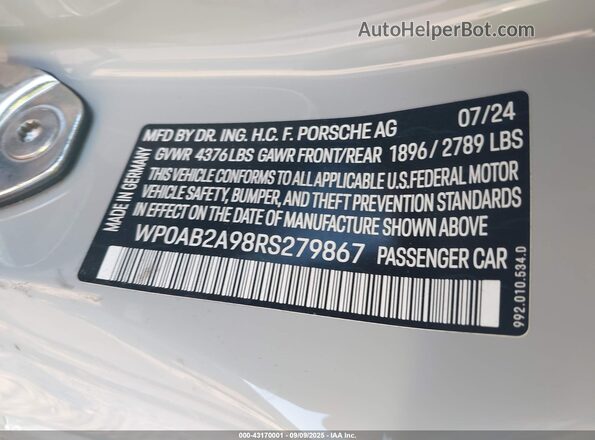 WP0AB2A98RS279867 2024 PORSCHE 911 Серый Вид подкапотного пространства
