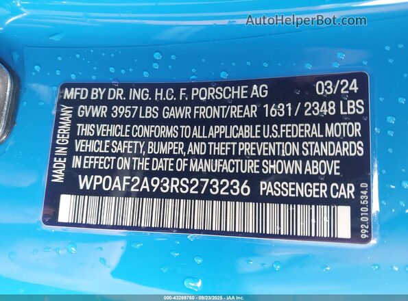 WP0AF2A93RS273236 2024 PORSCHE 911 Blue Widok komory silnika