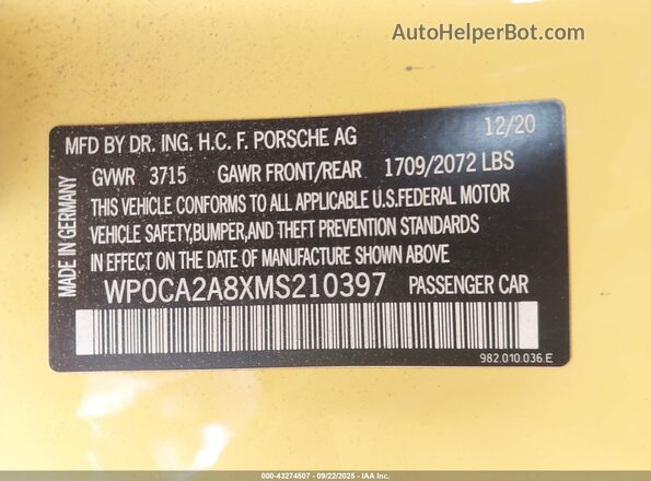 WP0CA2A8XMS210397 2021 PORSCHE 718 BOXSTER Желтый Вид подкапотного пространства