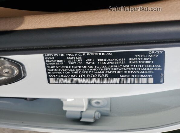 WP1AA2A51PLB02535 2023 PORSCHE MACAN Белый Вид наклейки с VIN-кодом