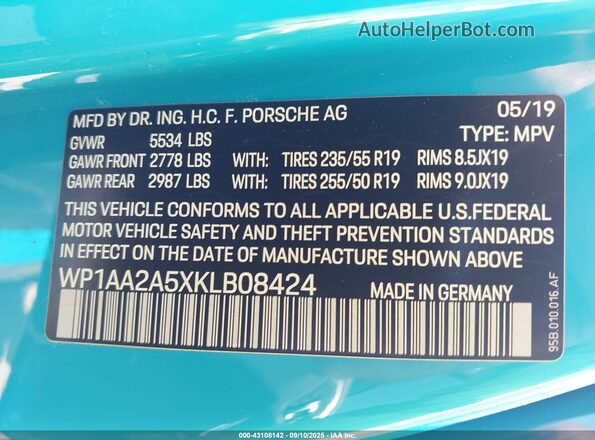 WP1AA2A5XKLB08424 2019 PORSCHE MACAN Синий Вид подкапотного пространства