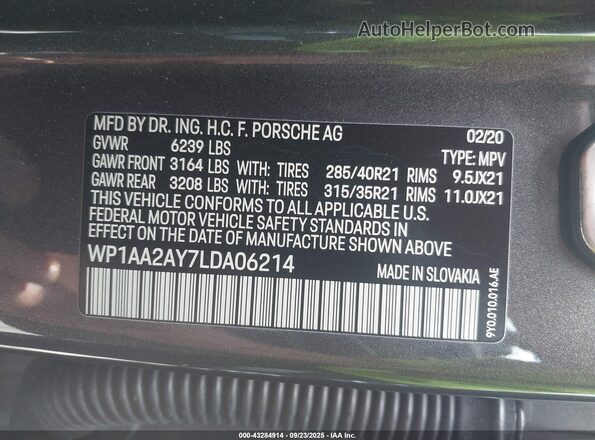 WP1AA2AY7LDA06214 2020 PORSCHE CAYENNE Gray Vista del compartimento del motor
