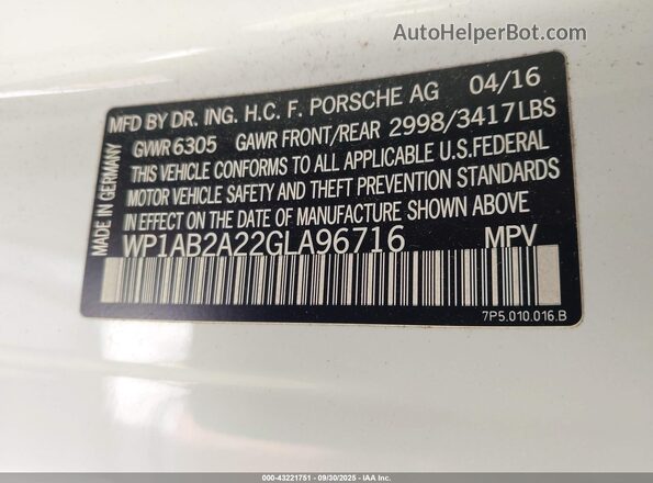 WP1AB2A22GLA96716 2016 PORSCHE CAYENNE Белый Вид подкапотного пространства