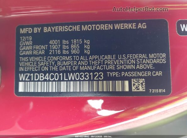 WZ1DB4C01LW033123 2020 TOYOTA GR SUPRA Red ძრავის განყოფილების ხედი