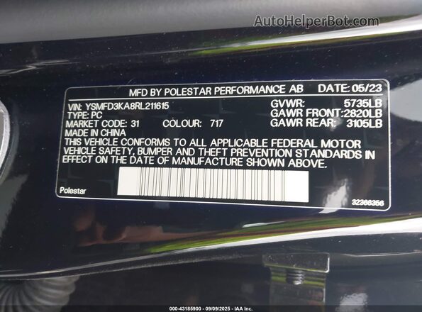 YSMFD3KA8RL211615 2024 POLESTAR 2 Black Вид підкапотного простору