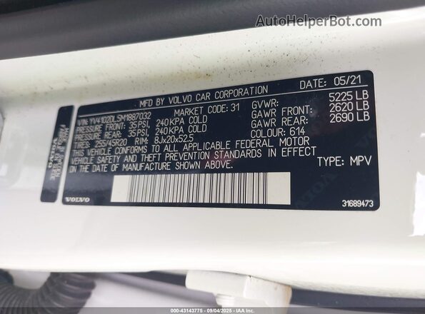 YV4102DL5M1887032 2021 VOLVO XC60 Белый Вид подкапотного пространства