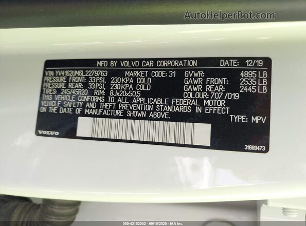 YV4162UM6L2279763 2020 VOLVO XC40 White Widok komory silnika