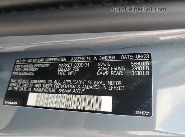 YV4H60DLXR1790787 2024 VOLVO XC60 Gray Vista de la etiqueta del VIN