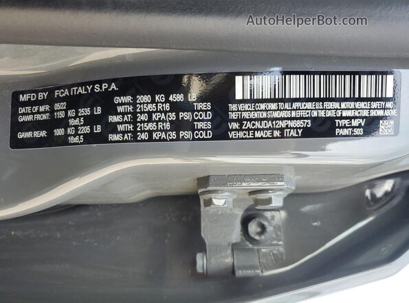 ZACNJDA12NPN68573 2022 JEEP RENEGADE Gray Vista de la etiqueta del VIN