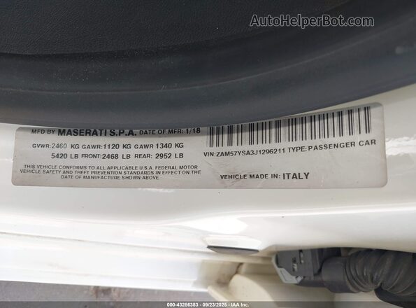 ZAM57YSA3J1296211 2018 MASERATI GHIBLI Белый Вид подкапотного пространства