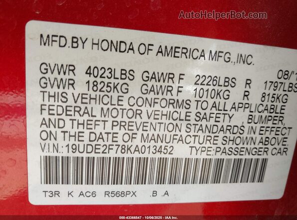 19UDE2F78KA013452 2019 ACURA ILX Red Вид підкапотного простору