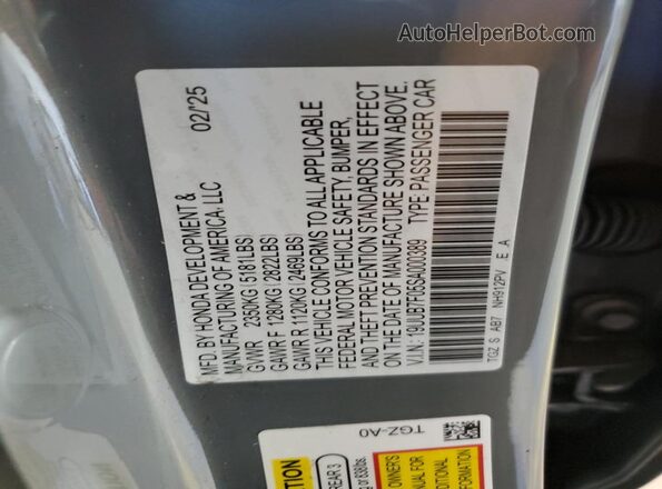 19UUB7F05SA000389 2025 ACURA TLX Gray Вид наклейки з VIN-кодом
