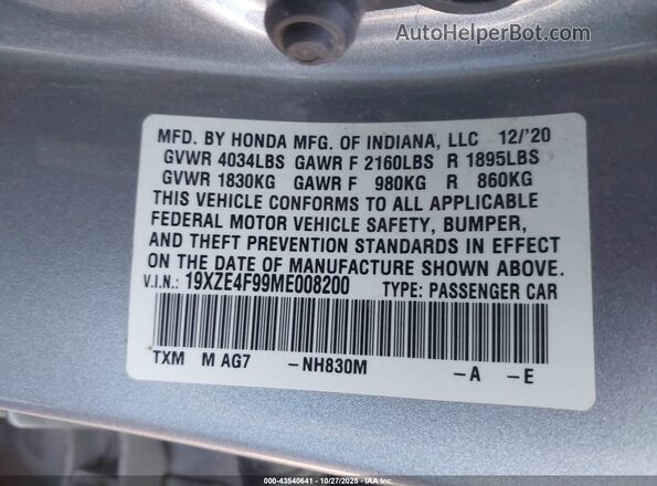 19XZE4F99ME008200 2021 HONDA INSIGHT Silver Вид підкапотного простору