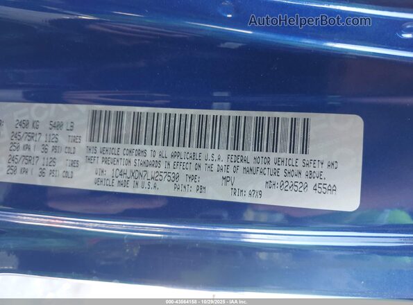 1C4HJXDN7LW257530 2020 JEEP WRANGLER UNLIMITED Blue Engine compartment view