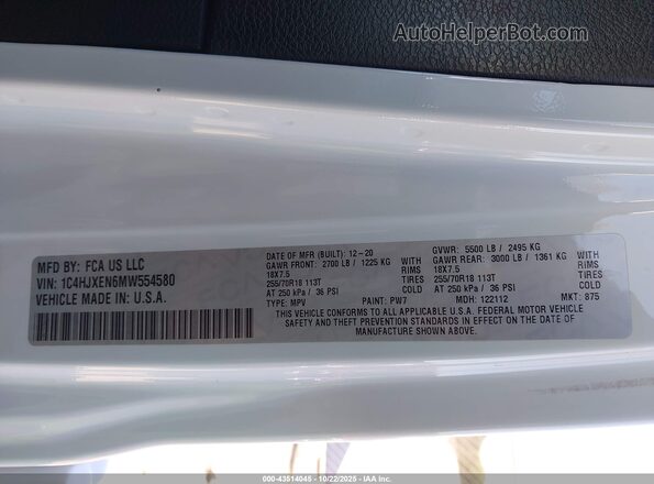 1C4HJXEN6MW554580 2021 JEEP WRANGLER UNLIMITED Белый Вид подкапотного пространства