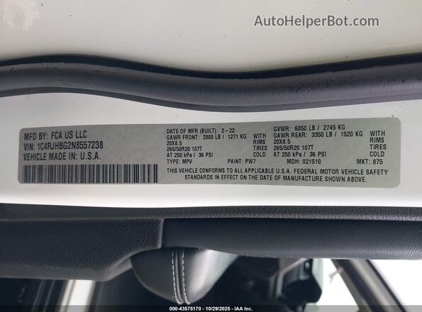 1C4RJHBG2N8557238 2022 JEEP GRAND CHEROKEE Белый Вид подкапотного пространства