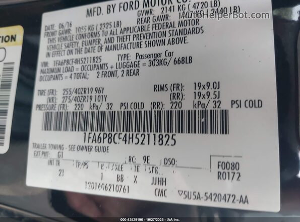 1FA6P8CF4H5211825 2017 FORD MUSTANG Черный Вид подкапотного пространства