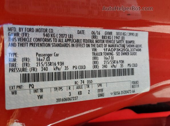1FADP3K25GL337498 2016 FORD FOCUS Red Engine compartment view