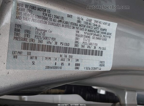 1FADP3R48GL393118 2016 FORD FOCUS ELECTRIC Silver Вид підкапотного простору