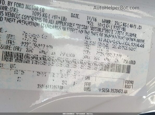1FADP5BUXGL120848 2016 FORD C-MAX HYBRID White Widok komory silnika