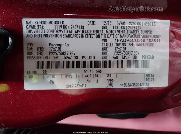 1FADP5CU3GL103811 2016 FORD C-MAX ENERGI Red ძრავის განყოფილების ხედი