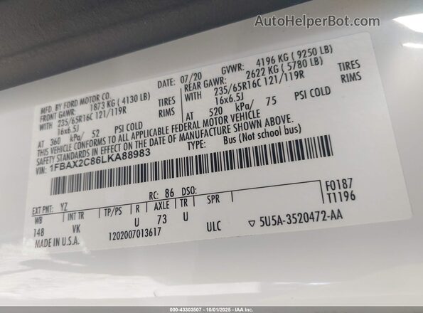 1FBAX2C86LKA88983 2020 FORD PASSENGER White Widok komory silnika