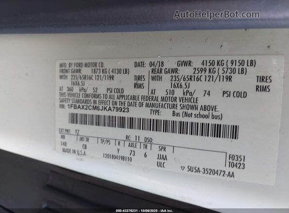 1FBAX2CM6JKA79923 2018 FORD TRANSIT-350 White ძრავის განყოფილების ხედი