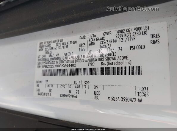 1FBZX2ZM0GKA64482 2016 FORD TRANSIT-350 White ძრავის განყოფილების ხედი