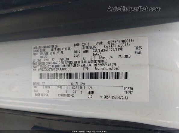 1FBZX2ZM4JKA60605 2018 FORD TRANSIT-350 Белый Вид подкапотного пространства