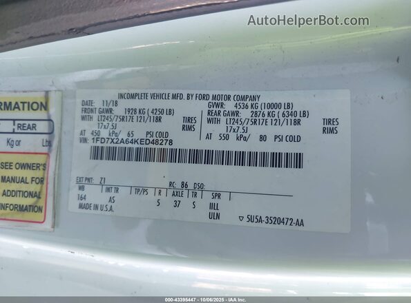 1FD7X2A64KED48278 2019 FORD F-250 White Widok komory silnika