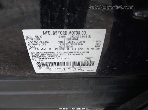 1FM5K8AB1LGD01477 2020 FORD POLICE INTERCEPTOR Черный Вид подкапотного пространства
