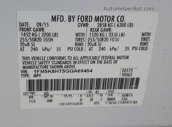 1FM5K8HT5GGA69454 2016 FORD FORD EXPLORER White Vista interior de 360 grados