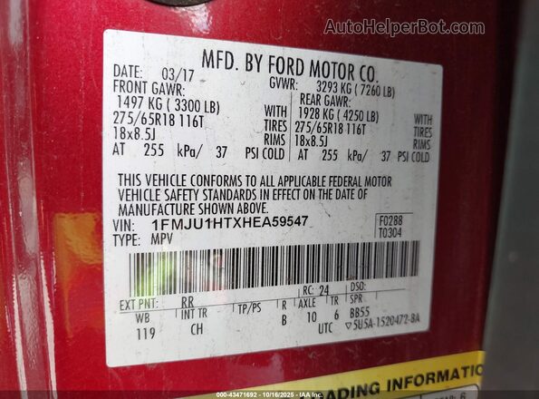 1FMJU1HTXHEA59547 2017 FORD EXPEDITION Red Widok komory silnika