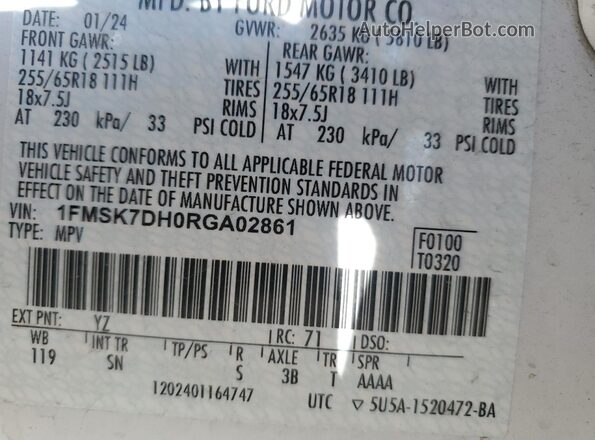 1FMSK7DH0RGA02861 2024 FORD FORD EXPLORER White Widok wnętrza 360 stopni
