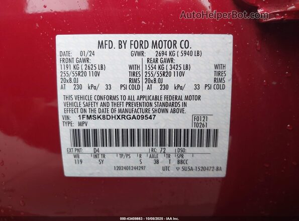 1FMSK8DHXRGA09547 2024 FORD FORD EXPLORER Red Widok komory silnika