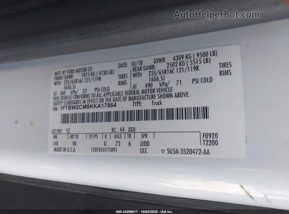 1FTBW2CM8KKA17864 2019 FORD TRANSIT-350 Белый Вид подкапотного пространства