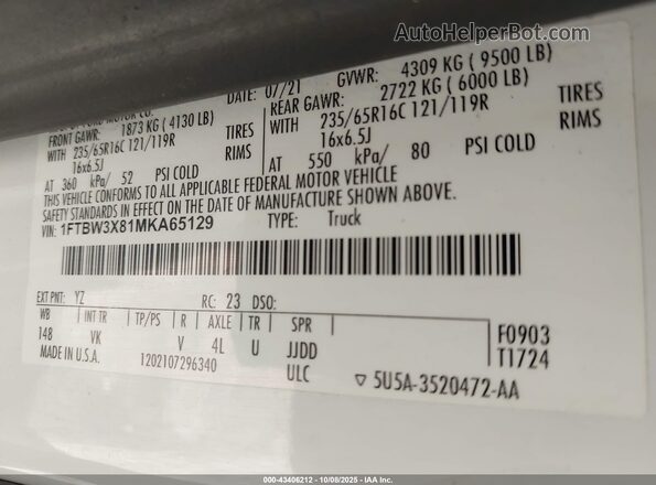1FTBW3X81MKA65129 2021 FORD TRANSIT-350 White Widok komory silnika