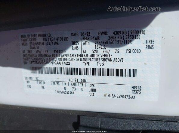 1FTBW9C86NKA67422 2022 FORD TRANSIT-350 Белый Вид подкапотного пространства