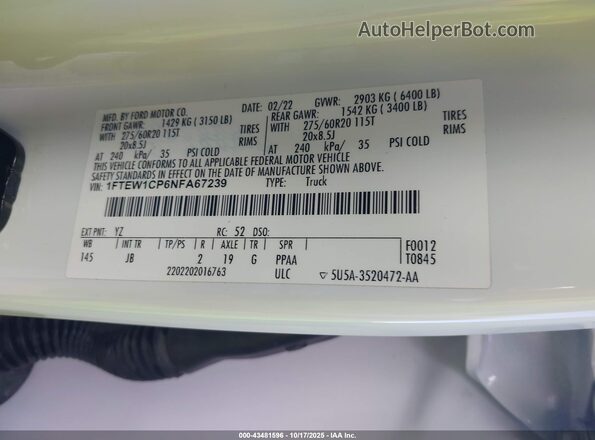 1FTEW1CP6NFA67239 2022 FORD F150 Белый Вид подкапотного пространства