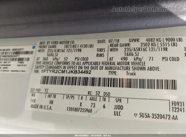 1FTYR2CM1JKB34492 2018 FORD TRANSIT-250 Белый Вид подкапотного пространства