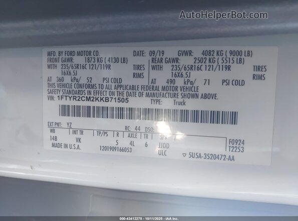 1FTYR2CM2KKB71505 2019 FORD TRANSIT-250 White Widok komory silnika