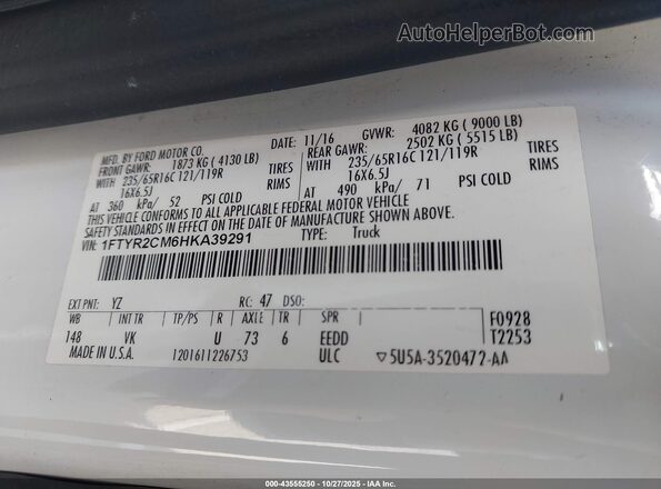 1FTYR2CM6HKA39291 2017 FORD TRANSIT-250 White Widok komory silnika
