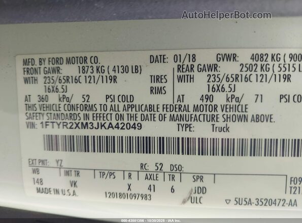 1FTYR2XM3JKA42049 2018 FORD TRANSIT-250 White Vista del compartimento del motor