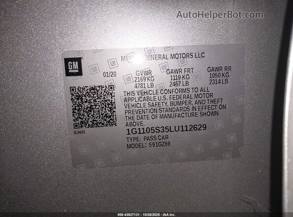 1G1105S35LU112629 2020 CHEVROLET IMPALA Серебряный Вид подкапотного пространства