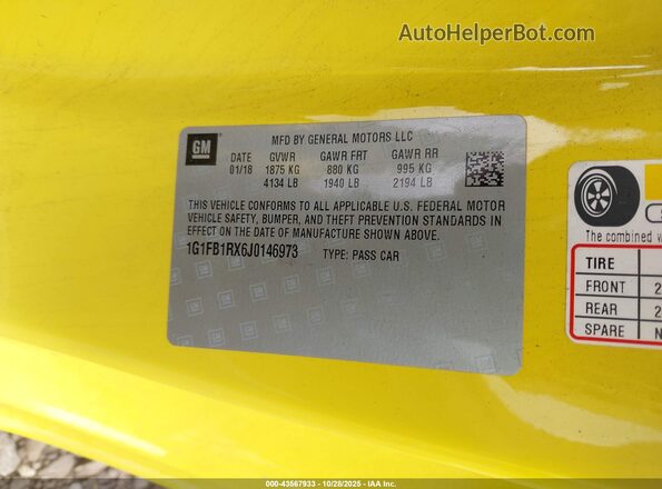 1G1FB1RX6J0146973 2018 CHEVROLET CAMARO Yellow Vista del compartimento del motor