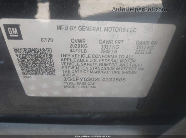 1G1FY6S02L4131505 2020 CHEVROLET BOLT Черный Вид наклейки с VIN-кодом