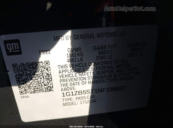 1G1ZB5ST1NF198607 2022 CHEVROLET MALIBU Черный Вид подкапотного пространства